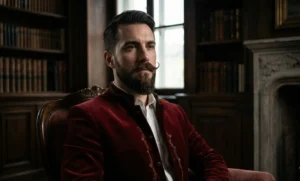 A moody portrait of a sophisticated gentleman with a styled Van Dyke beard and curled mustache, wearing a red velvet jacket and sitting in an antique armchair in a dimly lit library.