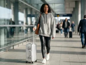 A woman walking through a sunny airport terminal, pulling a silver rolling suitcase, wearing a grey hoodie and black leather leggings.