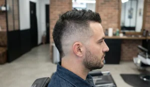 A side profile view of a man with a short, wide mohawk hairstyle running down the center of his head and clean skin-faded sides, sitting in a barbershop.