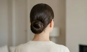 Rear view of a woman with dark hair styled in a sleek, glossy low bun.
