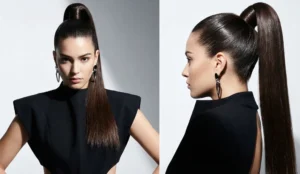Front and profile views of a woman wearing a very high, sleek, tightly pulled dark ponytail.