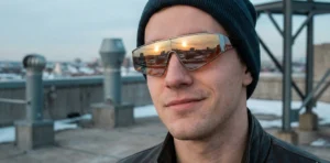 A close-up portrait of a smiling man on a rooftop, wearing a black leather jacket, a beanie, and large retro-futuristic sunglasses with reflective gradient lenses that mirror a sunset over a city.