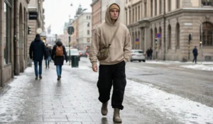 A full-body shot of a young man walking on a snowy city sidewalk, wearing an oversized beige hoodie, baggy black cargo pants, tan boots, a beanie, and a crossbody bag.