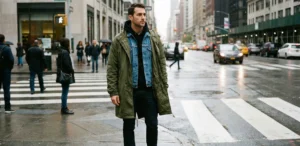 A man stands on a wet city sidewalk at a crosswalk. He wears an olive green parka, open to reveal a blue denim jacket layered over a black hoodie. He is wearing dark jeans and sneakers, with rainy city streets and a yellow taxi in the background.
