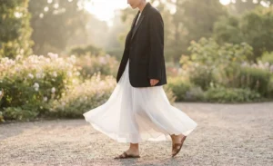 A woman walks on a gravel path in a sunlit garden, wearing a black blazer and a long white pleated skirt that is swirling around her legs. She is wearing brown flat sandals.