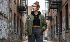 A medium shot of a young woman with her hair in a bun, standing in a narrow, graffiti-covered brick alleyway. She is wearing a green MA-1 bomber jacket with patches over a black cropped hoodie, dark grey cargo pants, and layered necklaces.
