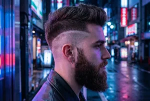 Side profile view of a man featuring a modern undercut hairstyle with a shaved line design disconnected from a full beard, set against neon city lights.