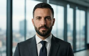 A professional headshot of Alessandro Russo, an Italian businessman with a precisely groomed short boxed beard, wearing a charcoal suit and looking determinedly at the camera in a modern Milan office.