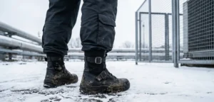 A low-angle photograph focusing on a pair of muddy black combat boots on a snow-covered concrete surface. The person is wearing dark cargo pants. Industrial pipes and a metal fence are in the background.
