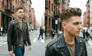 A diptych showing a stylish man in a worn leather biker jacket and t-shirt. The left image shows him walking on an urban street, and the right image is a profile close-up highlighting his modern textured quiff hairstyle.