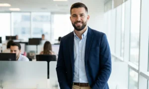 A man with a neatly trimmed beard and a blue suit jacket smiles confidently in a brightly lit modern office environment with colleagues in the background.