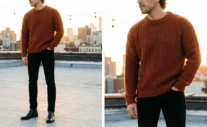 A diptych showing a man on a city rooftop at sunset, wearing a rust-colored chunky knit sweater and black slim jeans.