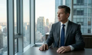 A corporate executive man with neatly styled hair, wearing a grey tailored suit and tie, sitting at a desk in a modern high-rise glass office and looking out at a city skyline during the day.