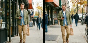 A two-panel photo showing a man. On the left, he stands outside a hardware store, looking at his phone and holding a brown paper bag. On the right, he smiles as he walks down a sidewalk with the bag. He wears an olive quilted jacket, a blue chambray shirt over a white thermal, and khaki chinos.