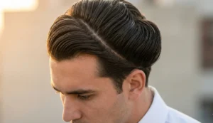 A close-up view of a man's dark hair styled in a very neat, structured side-part pompadour, showing the glossy texture and sharp parting line. Image 1: A close-up view of a man's dark hair styled in a very neat, structured side-part pompadour, showing the glossy texture and sharp parting line.