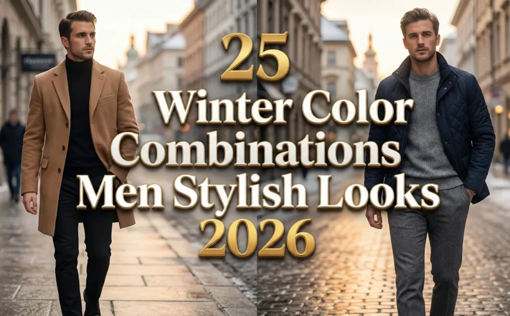 A split-panel blog header image with a large, gold, three-dimensional text overlay in the center that reads: "25 Winter Color Combinations Men Stylish Looks 2026". The left panel shows a man in a camel-colored overcoat, black turtleneck, and black trousers walking on a cobblestone street. The right panel shows a man wearing a navy blue quilted jacket, a grey knit sweater, and grey trousers walking on a similar cobblestone street. Both panels feature a blurred, winter city street background with warm, golden hour light.