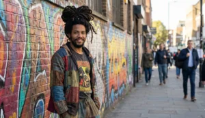 A street portrait of a stylish man with dreadlocks tied into a large man bun, wearing a colorful patchwork jacket and standing in front of a graffiti wall.