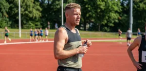 A medium shot of a muscular man with a short blonde crew cut hairstyle, wearing an olive green and black running singlet. He is holding a plastic water bottle and standing on a red athletic track on a sunny day, looking slightly to the side with a tired expression.