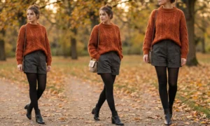 A three-panel photo collage showing a woman walking in a park covered in fallen autumn leaves. She wears a chunky rust-orange knit sweater, dark grey tailored shorts, black tights, and black ankle boots, carrying a small shoulder bag.