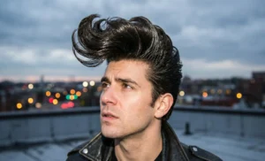 A close-up photograph of a man with a very tall, dramatically styled pompadour hairstyle, wearing a leather jacket, looking upwards against a dusk urban skyline.