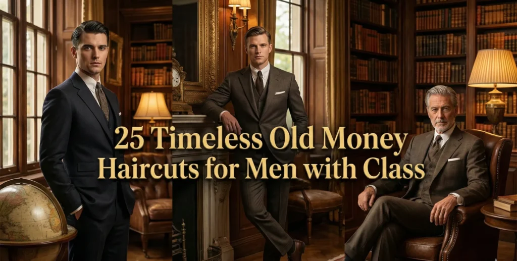 A blog cover image with the gold text title "25 Timeless Old Money Haircuts for Men with Class" overlaid on a montage of three men in a luxurious, wood-paneled library. On the left, a man in a dark suit stands with a side-part haircut. In the center, a man in a brown suit leans against a fireplace. On the right, an older man with silver hair sits in a leather armchair. The men are all well-dressed in classic, formal attire.