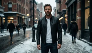 A medium shot of a man with a beard wearing a black leather jacket, white t-shirt, and dark jeans, standing on a snowy city street in winter.