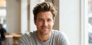 A casual, friendly portrait of a man with a relaxed, soft volume quiff hairstyle, smiling directly at the camera while wearing a grey t-shirt in a bright cafe.