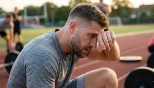 An athletic man with a crew cut and short faded beard wiping sweat from his forehead on an outdoor track at sunset.