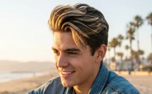 Close-up of a smiling young man with a textured pompadour hairstyle featuring prominent blonde highlights, sitting on a beach at sunset with palm trees in the background.