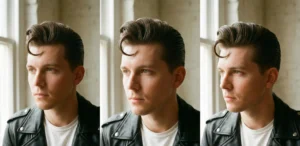 A triptych of vintage-style film photographs showing a man with a tall, dramatic 1950s retro quiff featuring a prominent curl or roll at the front and high-shine pomade. He is wearing a black leather jacket next to a window.