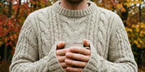 A close-up photograph of a man's torso wearing a thick, textured oatmeal-colored cable-knit wool sweater. His hands cup a steaming ceramic mug outdoors against a blurred background of red and orange autumn foliage.