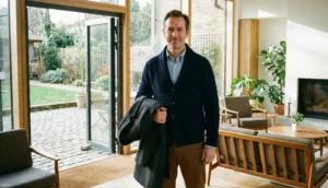 A man in a navy cardigan and light blue shirt stands inside a modern house, holding a grey jacket.
