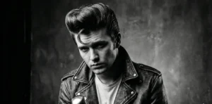 Black and white portrait of a man with a tall, dramatic Elvis-inspired pompadour wave, wearing a leather jacket and holding a vintage microphone.