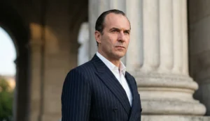 A portrait of a man with a serious, intense expression and slicked-back hair emphasizing a widow's peak, wearing a dark double-breasted pinstripe suit in front of large classical stone columns.