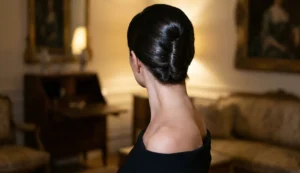 Back view of a woman with dark, glossy hair styled into a flawless, sleek vertical French twist updo, wearing a black off-shoulder dress.