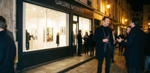 The man from the first two images is outside the "Galerie Moderne" art gallery at night, holding a glass of wine and chatting.