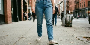 A street style photograph focusing on the lower half of a woman wearing blue straight-leg jeans and white sneakers, walking on a city sidewalk.