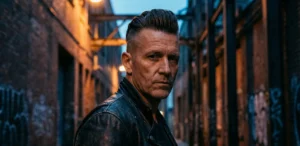 An intense portrait of a man with a short undercut pompadour and a black leather jacket, standing in a dark, gritty industrial alleyway at dusk. Image 7: An intense portrait of a man with a short undercut pompadour and a black leather jacket, standing in a dark, gritty industrial alleyway at dusk.