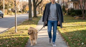 A man walking a golden retriever dog on a sunny suburban street with autumn leaves, wearing jeans, a grey sweatshirt, and a grey coat draped over his shoulders.