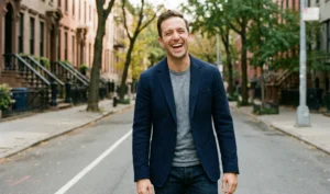 A candid portrait of a man laughing genuinely while walking down a tree-lined city street, dressed smartly in a navy blazer, grey t-shirt, and jeans.
