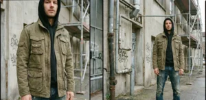 A diptych photograph showing a man wearing an olive green military-style utility jacket over a hoodie in an industrial urban setting with scaffolding.