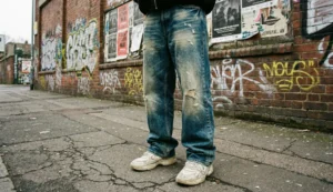 A view of a person's legs standing on cracked pavement, wearing baggy, heavily distressed and ripped blue denim jeans and chunky white retro sneakers against a graffiti-covered brick wall.