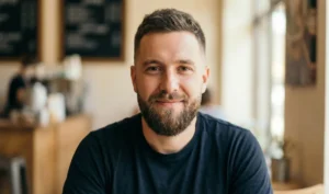 A symmetrical portrait of a smiling man with an oval face and a balanced mid-fade beard inside a cafe.