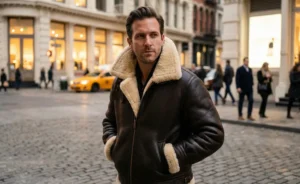 A fashionable man wearing a premium dark brown leather shearling jacket with a thick wool collar, posing on an upscale city street.