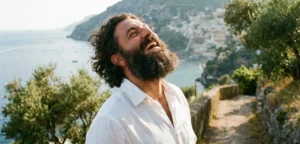 A joyful outdoor portrait of a man with curly dark hair and a full, natural beard, laughing with his head tilted back against a backdrop of the Amalfi coast and the sea.