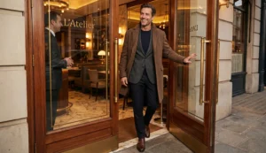 The same man from the previous image smiles as he exits a restaurant called "L'Atelier," wearing a brown coat and grey blazer.