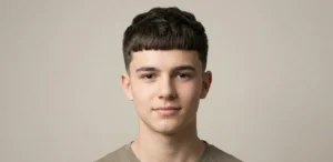 A headshot of a teenage boy featuring a short, textured Caesar haircut with a straight fringe across his forehead.
