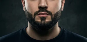 A close-up view of the lower half of a man's face, featuring a dark beard groomed into sharp, geometric angles around the chin and cheeks