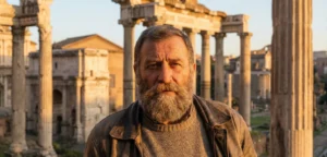A powerful photograph of a stoic older Italian man with a thick, medium-length beard, standing in front of ancient Roman ruins during a golden sunset.