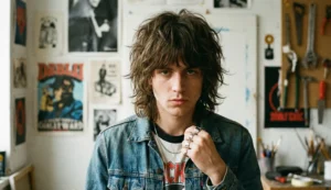 A portrait of a young man with a messy, layered, medium-length shag or "wolf cut" hairstyle, wearing a denim jacket in a cluttered studio space.
